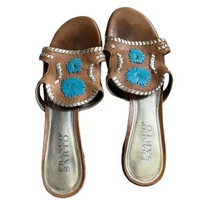 Vintage Turquoise Embroidered Boho Tan Leather Slip On Slide Heel Sandals Size 6